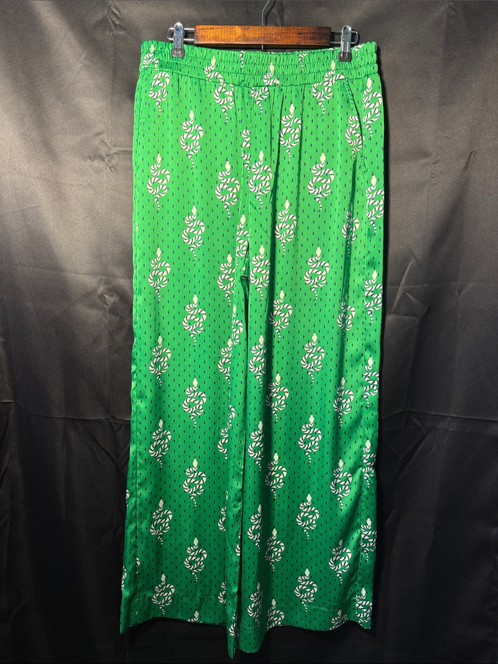 CAbi Green Wide Leg Pants with White Floral Print